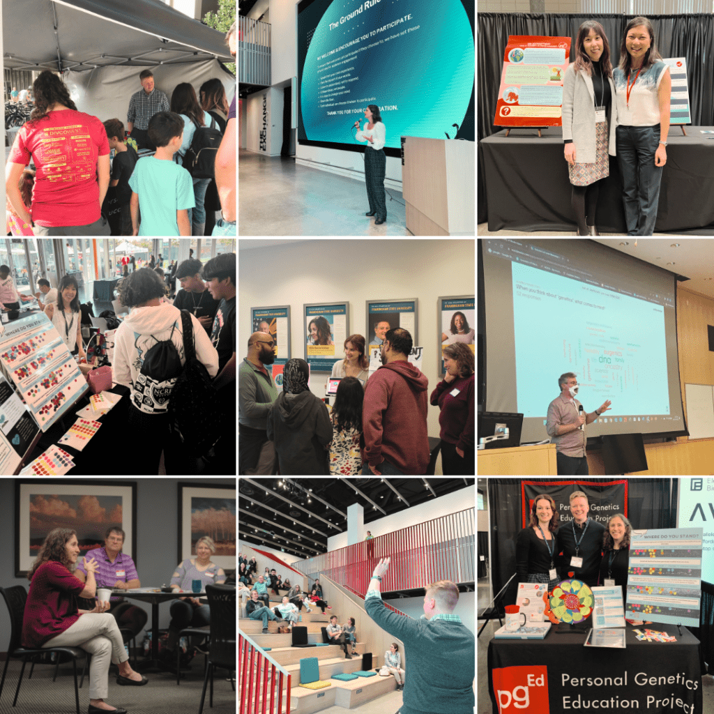 A photo collage of people giving presentations and talking with people in different settings.