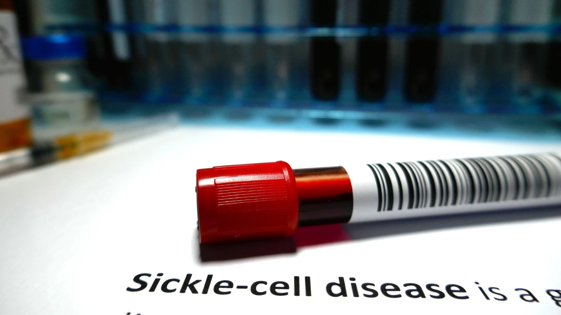 Tube of blood labeled ‘sickle cell disease’ in a lab.