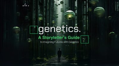 A graphic concept art style person walking through a science fiction-inspired forest with green pods hanging from tall trees. The title reads "Genetics. A Storyteller's Guide to Imagining Futures with Genetics".
