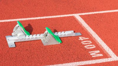 Starting blocks on a running track.