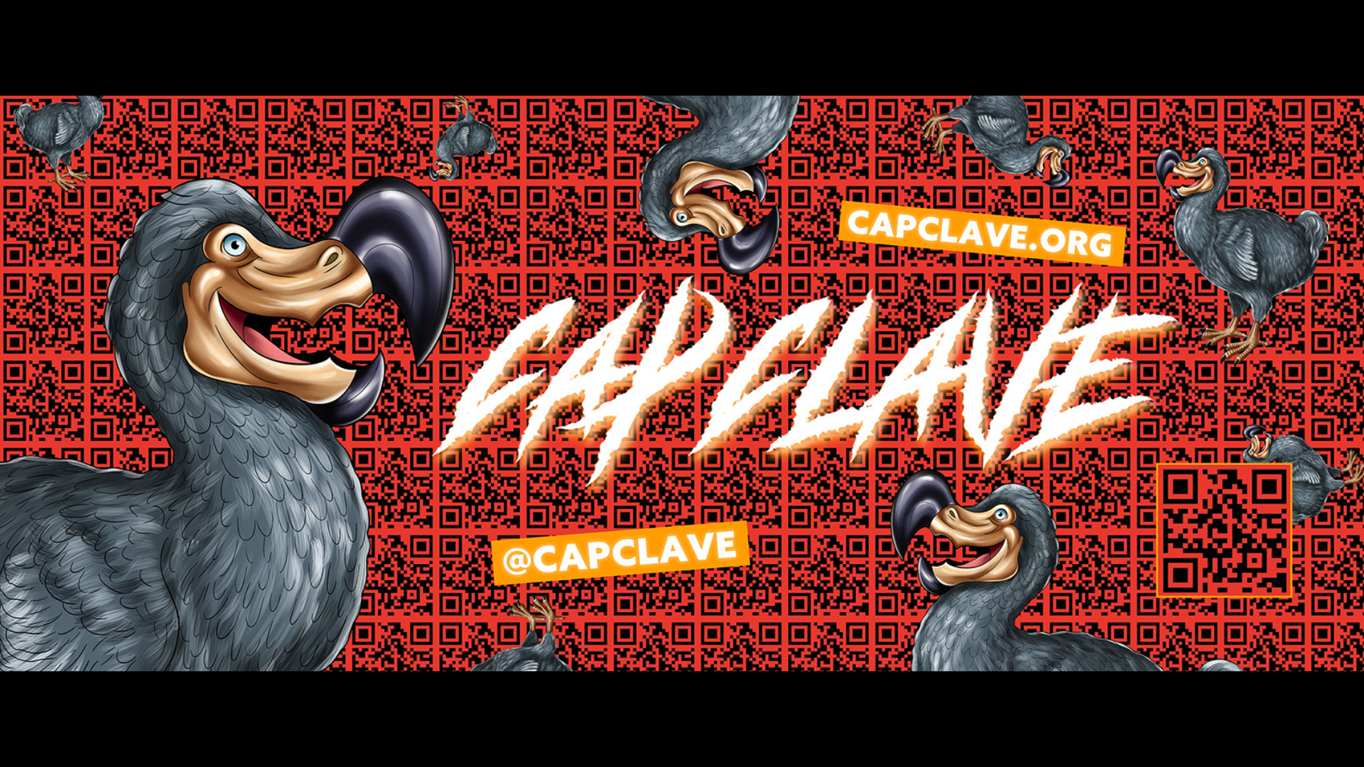 Capclave banner. Red banner with black QR code tiles and dodo birds. Capclave.org. @capclave.